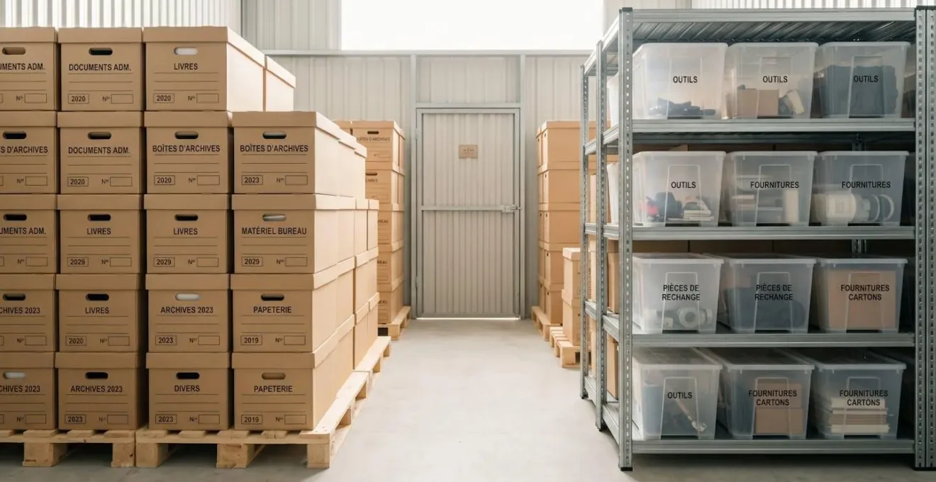 Box de stockage organisé avec cartons uniformes empilés sur palettes, étagère métallique et allée centrale dégagée, dans une lumière naturelle douce.