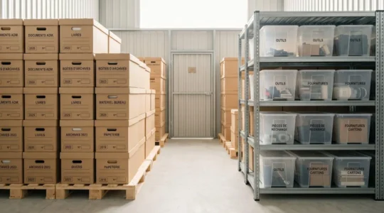 Box de stockage organisé avec cartons uniformes empilés sur palettes, étagère métallique et allée centrale dégagée, dans une lumière naturelle douce.