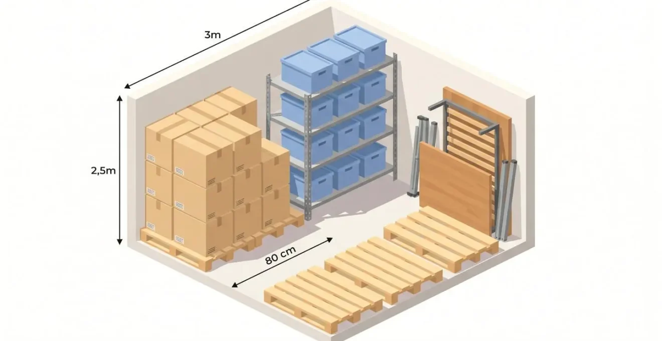 Illustration isométrique d'un box de stockage organisé avec cartons empilés, étagère métallique et meubles démontés rangés verticalement.