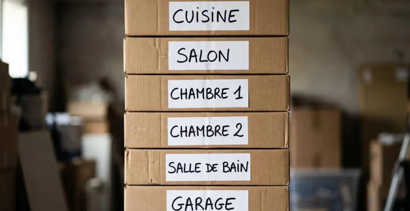 Pile de six cartons de déménagement identiques en carton kraft, étiquetés et parfaitement empilés.